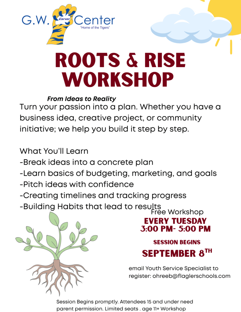 flyer on a workshop at the G.W. Carver Community Center on growing an idea to a full business or community initiatives